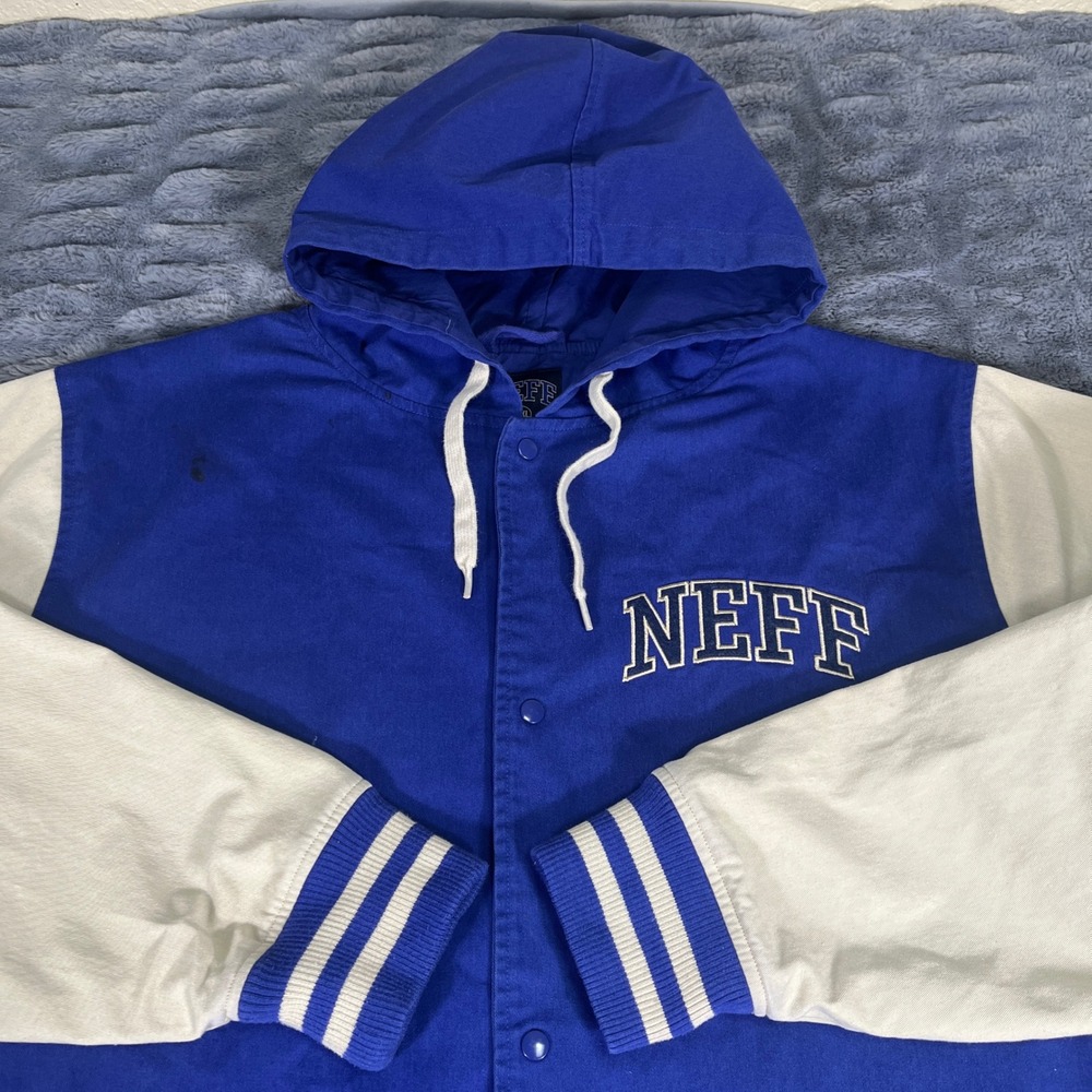 Neff Mens XXL Royal Blue White Varsity Letterman Hooded Snap Jacket AN945